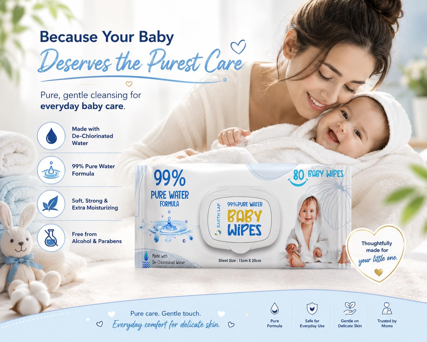 Earth Lap 99% pure water baby wipes 80 count pack front view