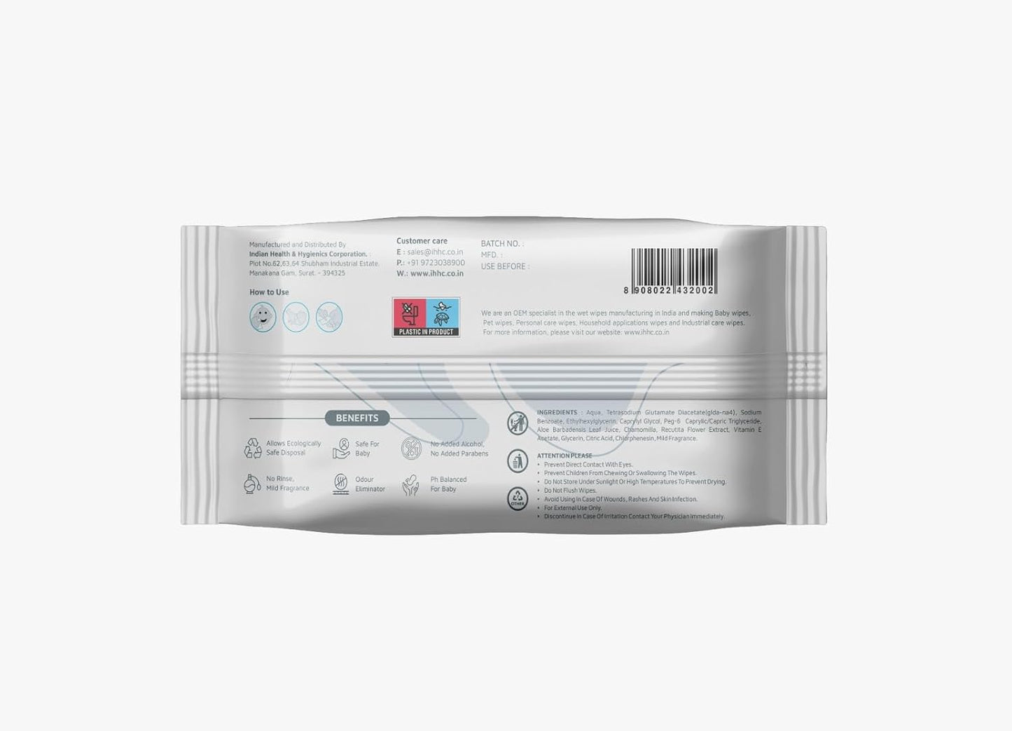 Earth Lap baby wipes 80 count pack back view with ingredients and product details