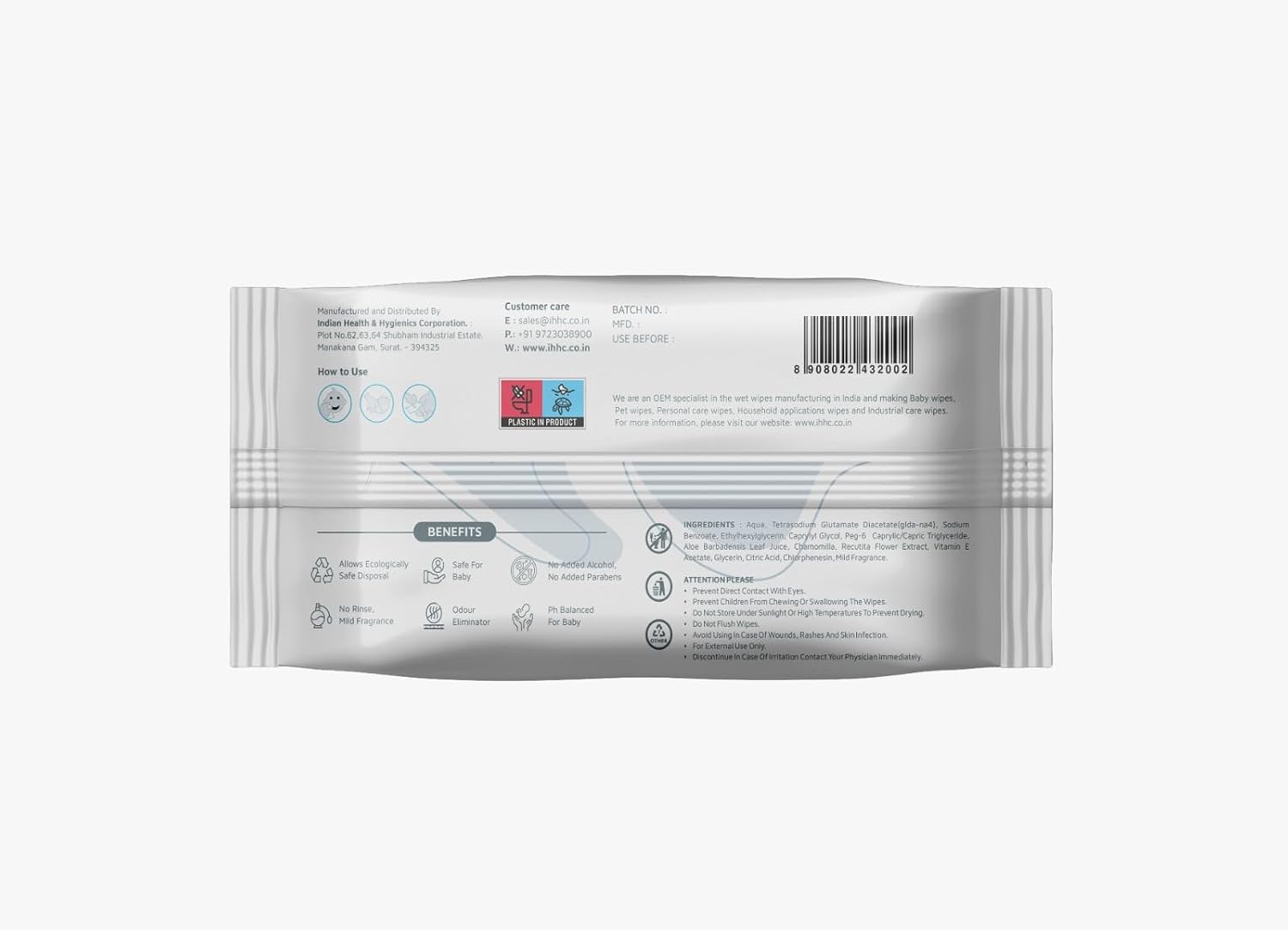 Earth Lap baby wipes 80 count pack back view with ingredients and product details