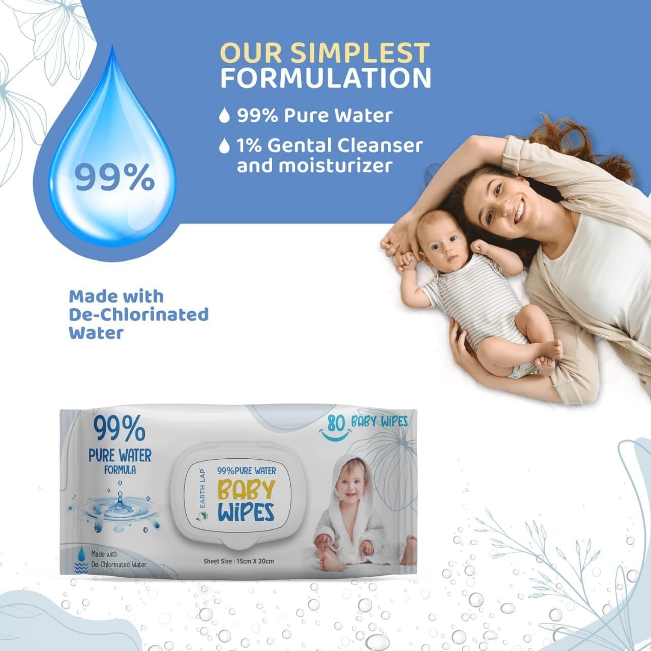 Earth Lap baby wipes with 99% pure water formula and gentle cleanser